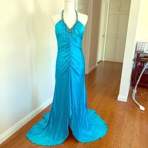 Aqua/turquoise silk halter dress